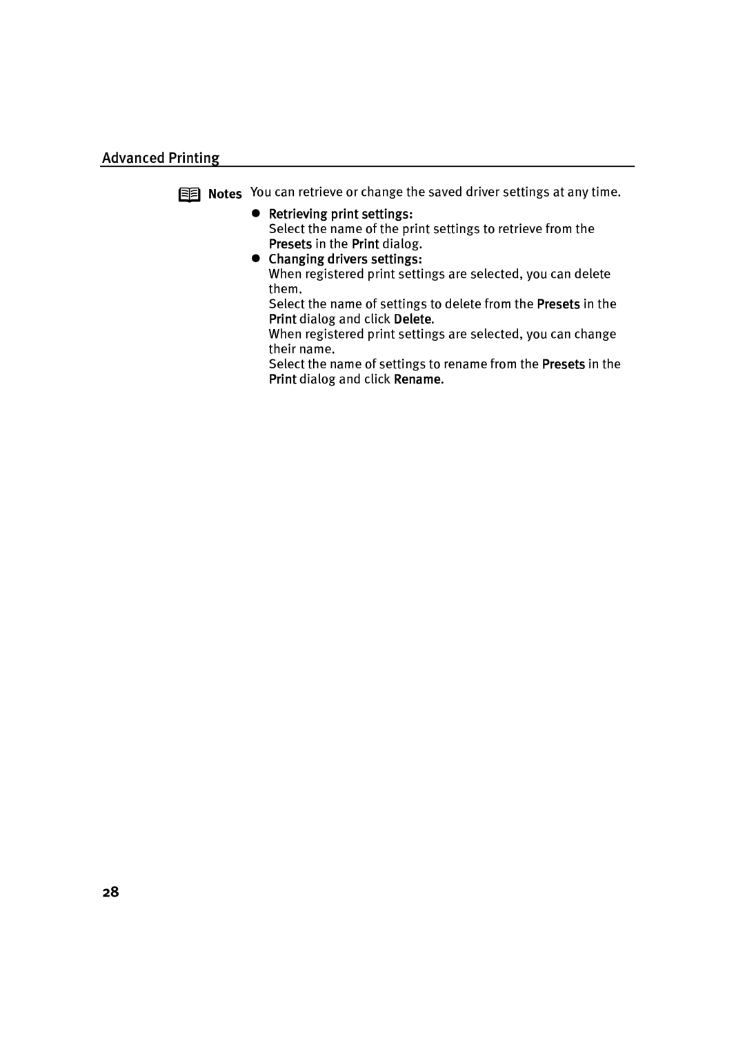 Canon P-I9900-QSG-1203 quick start Retrieving print settings, Changing drivers settings 