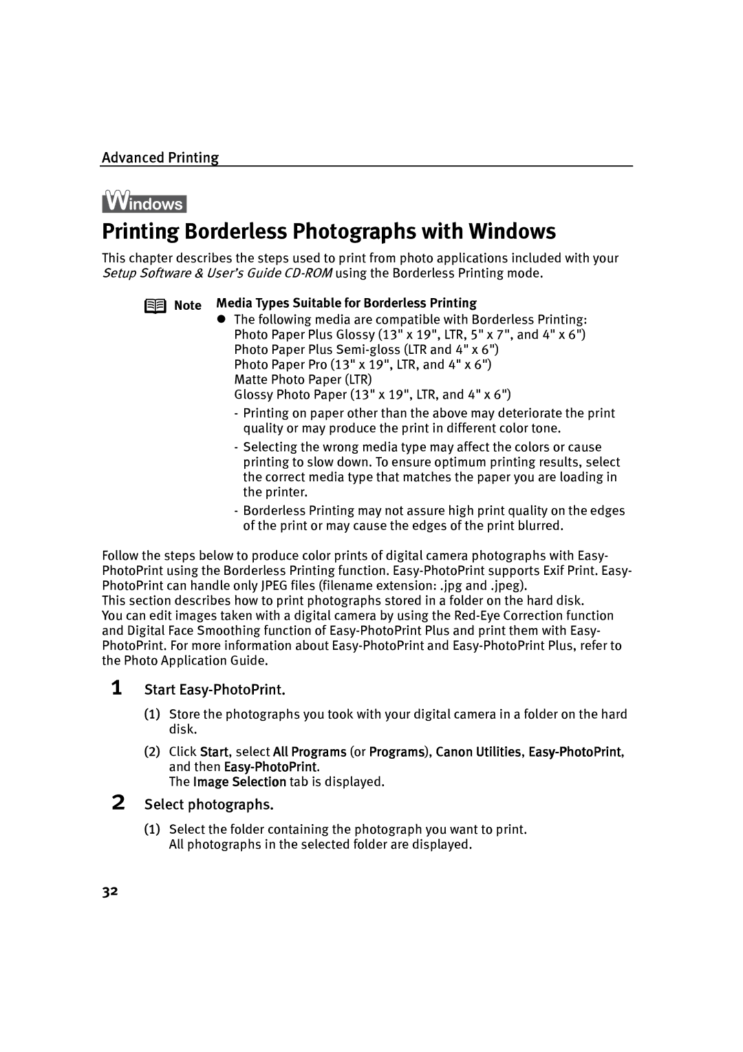 Canon P-I9900-QSG-1203 quick start Printing Borderless Photographs with Windows, Start Easy-PhotoPrint, Select photographs 