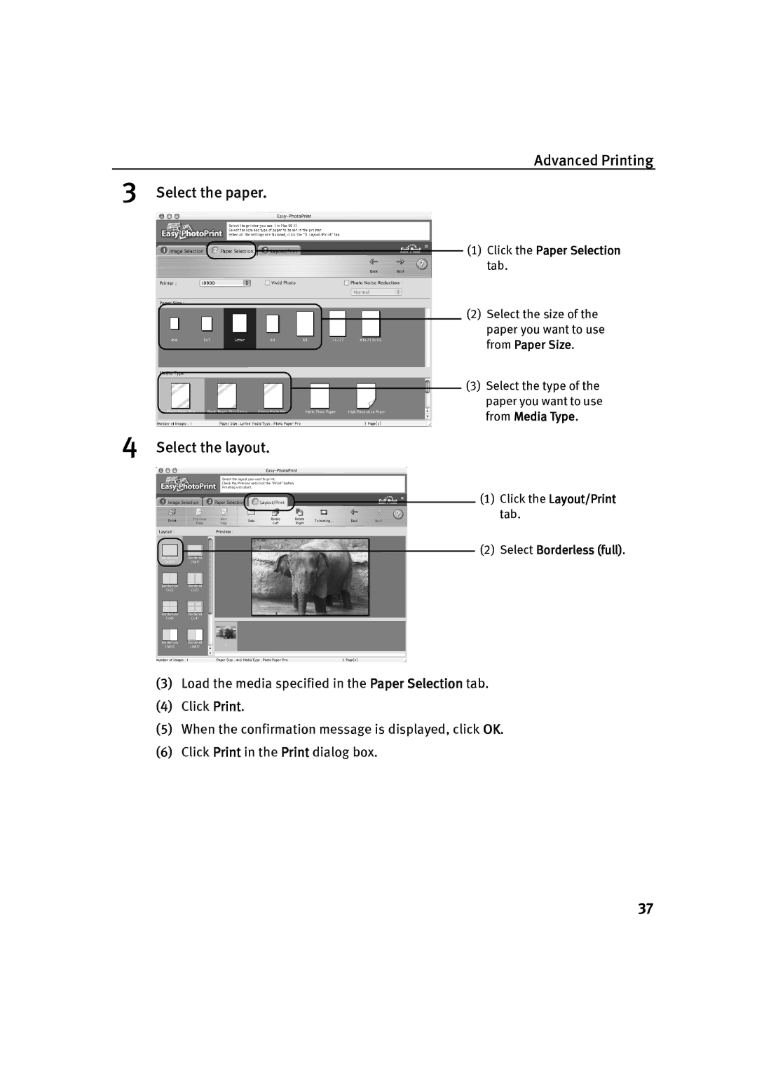 Canon P-I9900-QSG-1203 quick start Advanced Printing Select the paper, Select the layout 