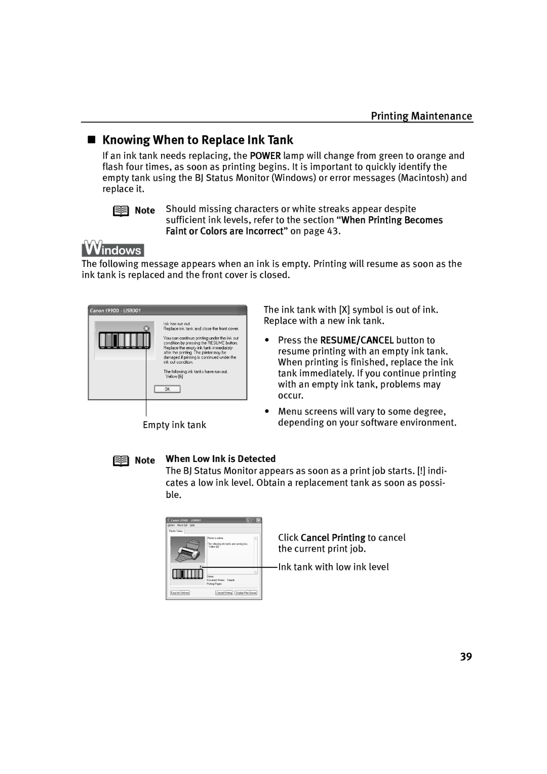 Canon P-I9900-QSG-1203 quick start Knowing When to Replace Ink Tank 