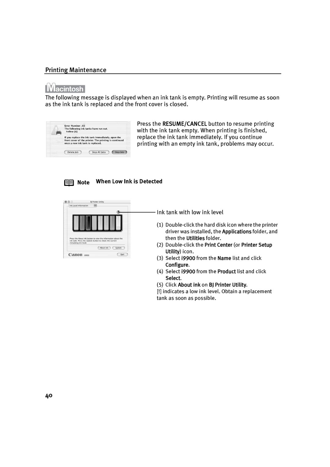 Canon P-I9900-QSG-1203 quick start Click About ink on BJ Printer Utility 