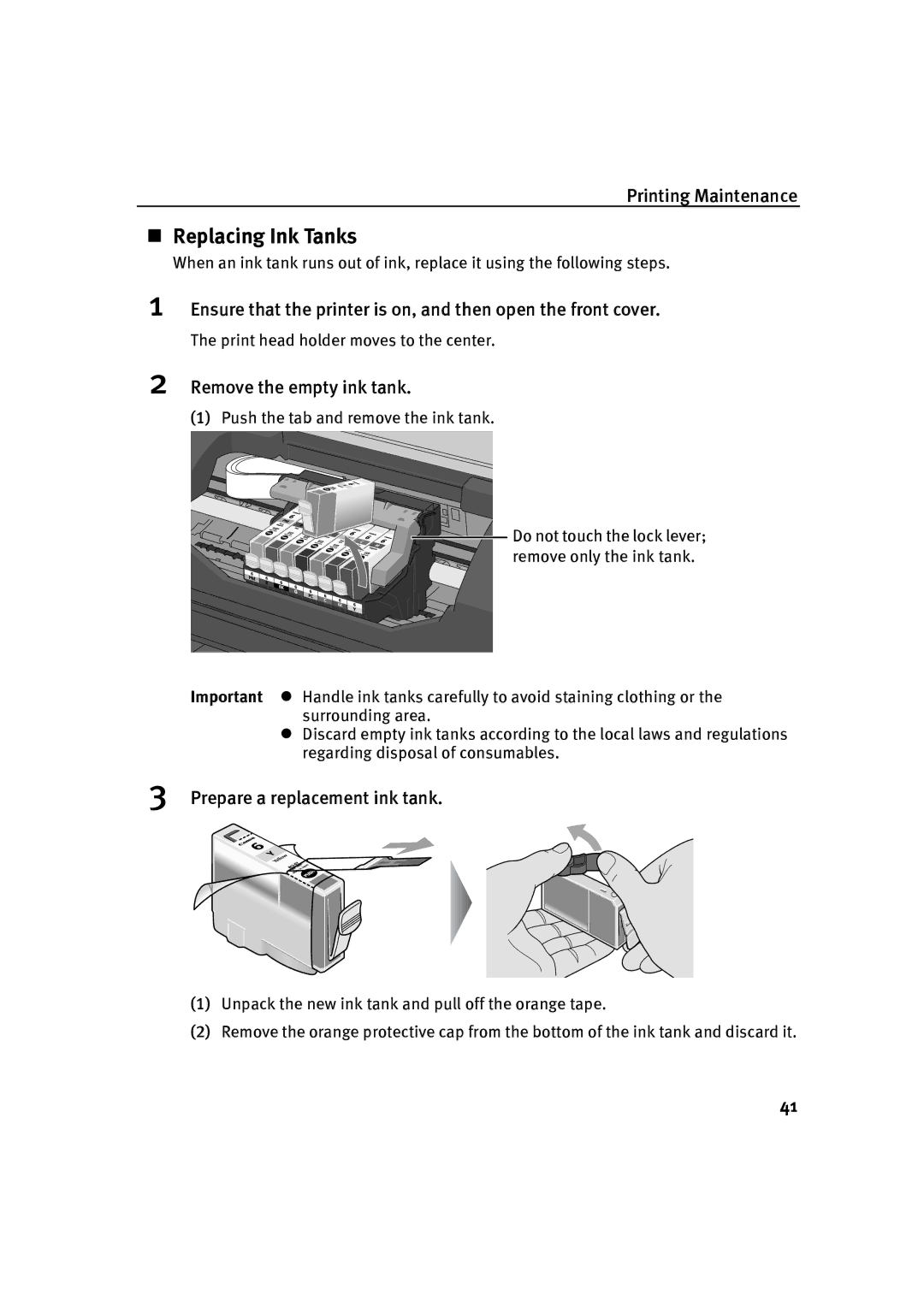 Canon P-I9900-QSG-1203 quick start Replacing Ink Tanks, Remove the empty ink tank, Prepare a replacement ink tank 