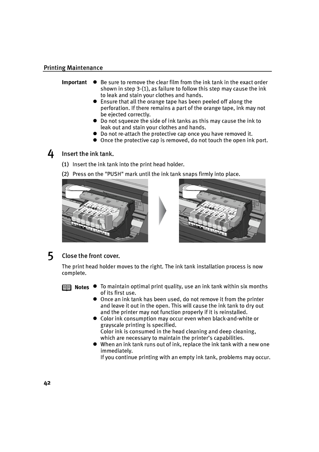 Canon P-I9900-QSG-1203 quick start Insert the ink tank, Close the front cover 