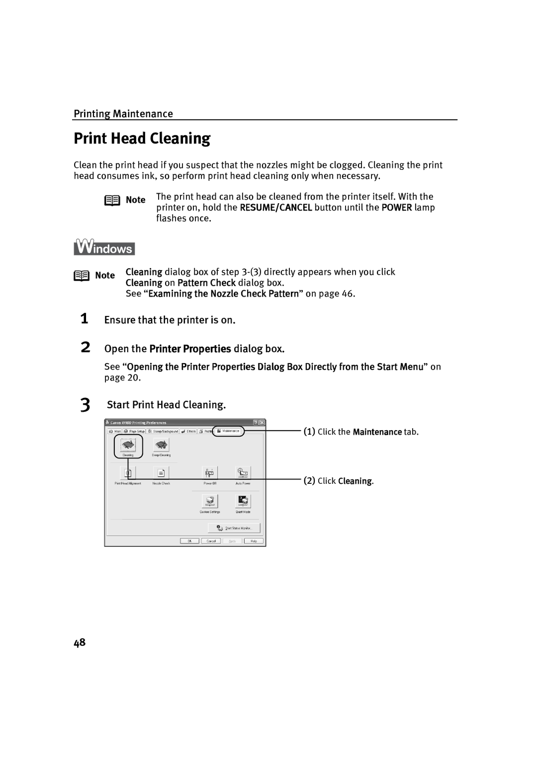 Canon P-I9900-QSG-1203 quick start Start Print Head Cleaning, Cleaning on Pattern Check dialog box 