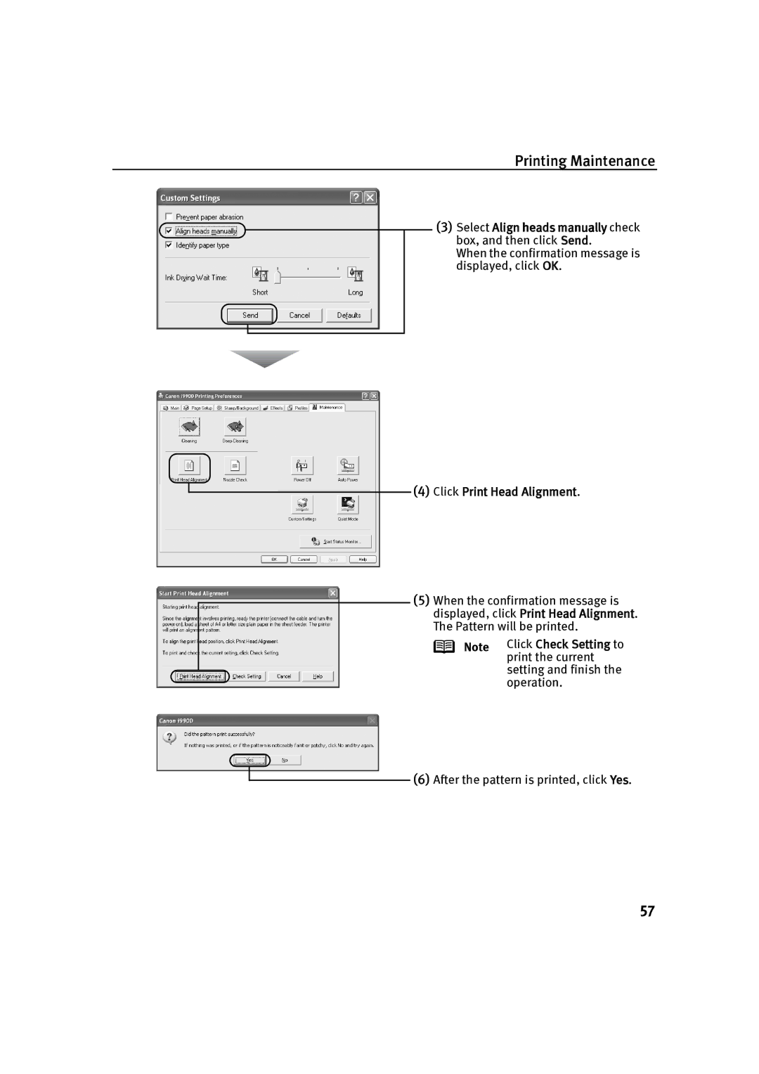 Canon P-I9900-QSG-1203 quick start Select Align heads manually check box, and then click Send 