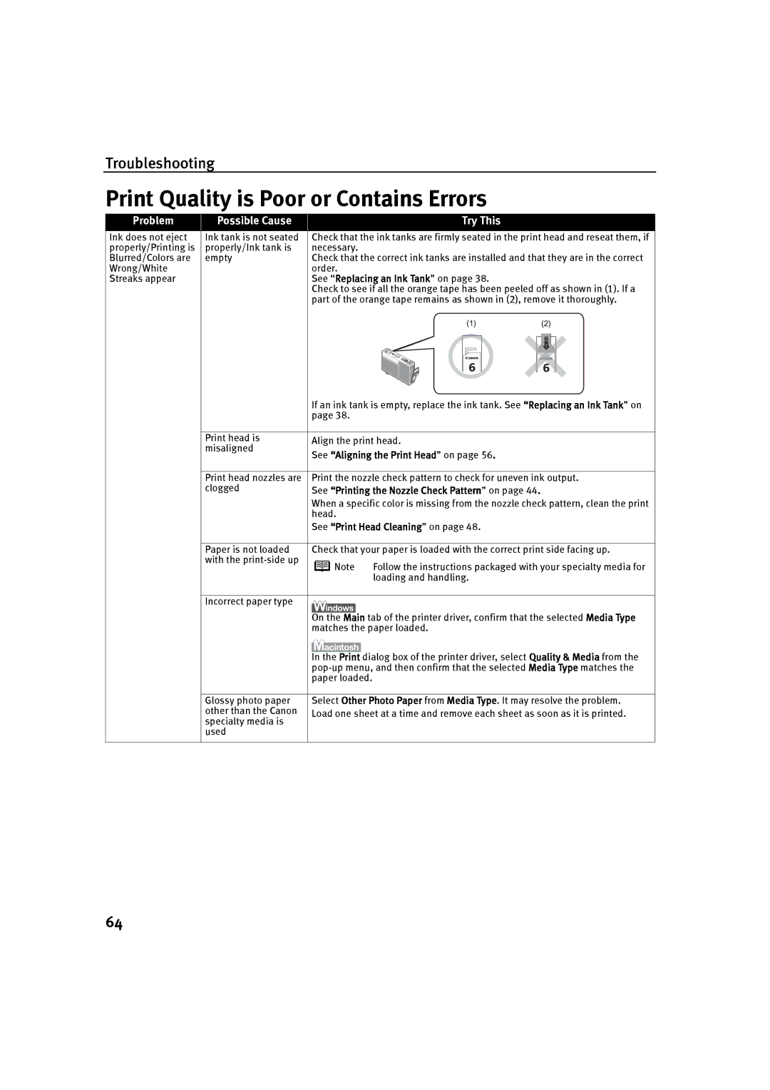 Canon P-I9900-QSG-1203 Print Quality is Poor or Contains Errors, See Replacing an Ink Tank on, See Print Head Cleaning on 