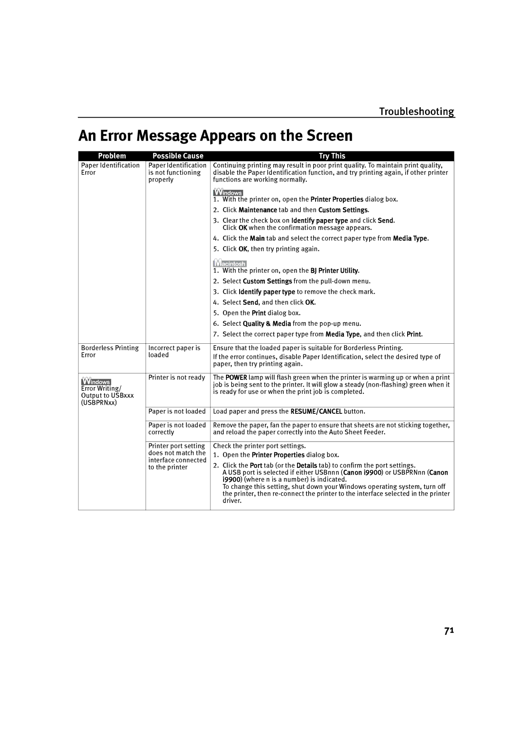 Canon P-I9900-QSG-1203 quick start An Error Message Appears on the Screen, Click Maintenance tab and then Custom Settings 