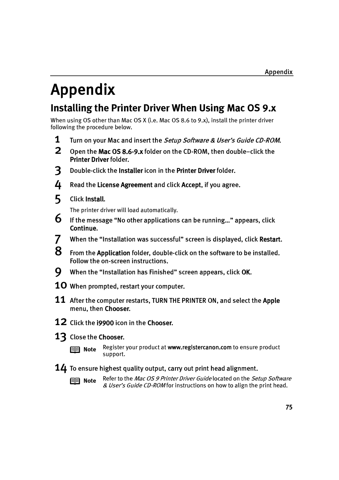 Canon P-I9900-QSG-1203 quick start Installing the Printer Driver When Using Mac OS, Appendix 