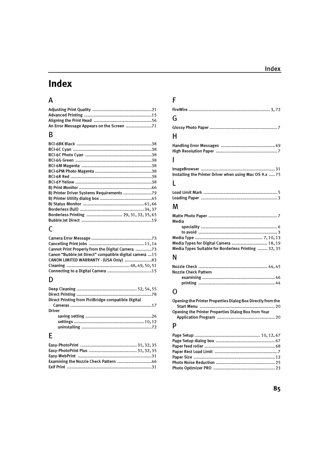 Canon P-I9900-QSG-1203 quick start Index 