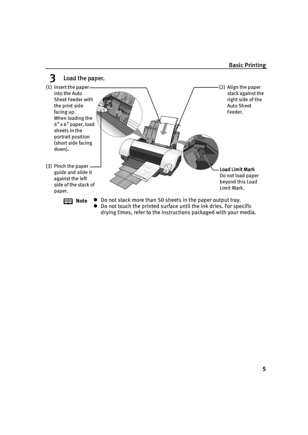 Canon P-I9900-QSG-1203 quick start Load the paper, Load Limit Mark 