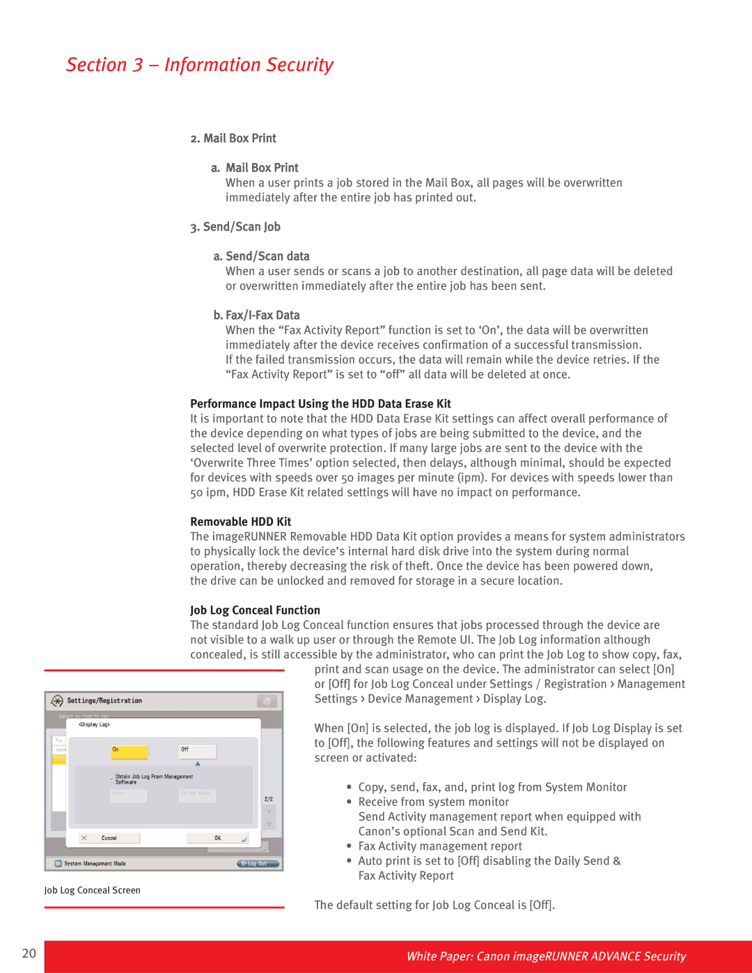 Canon Paper Shredder Performance Impact Using the HDD Data Erase Kit, Removable HDD Kit, Job Log Conceal Function 