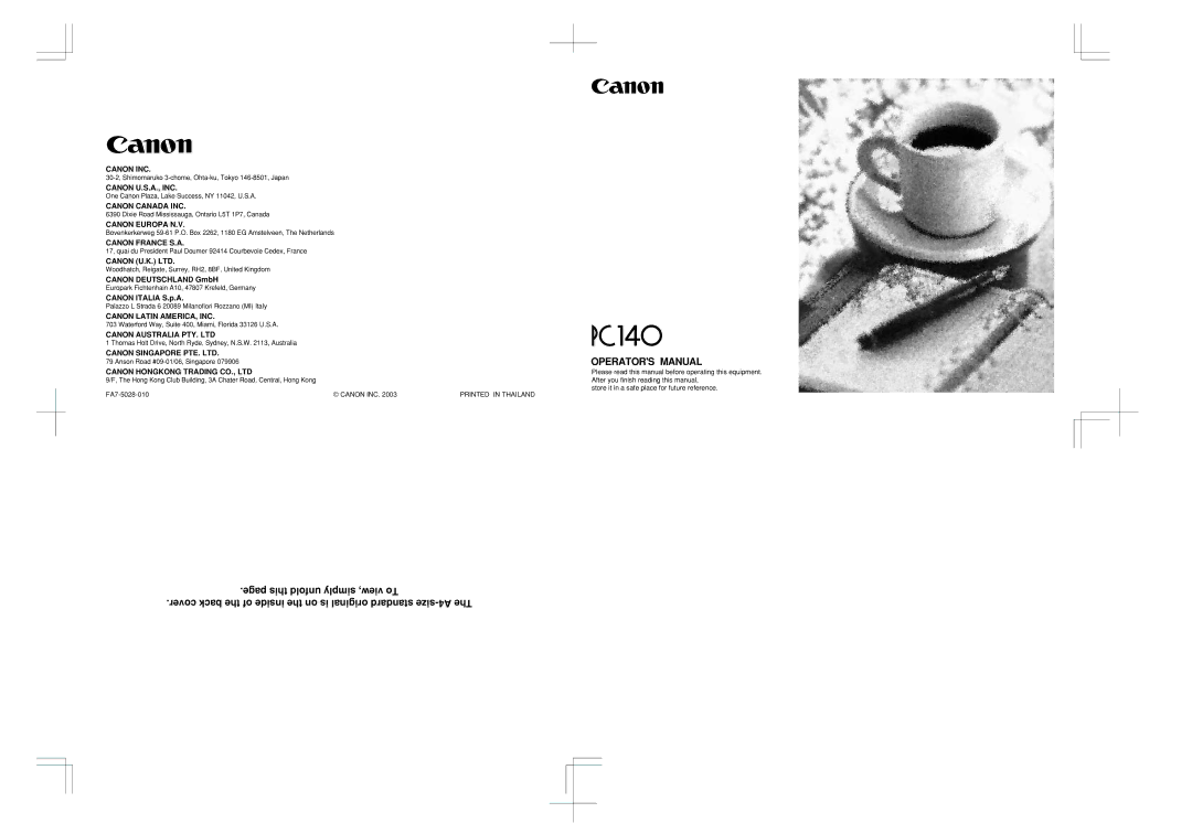 Canon PC 140 manual Operators Manual 