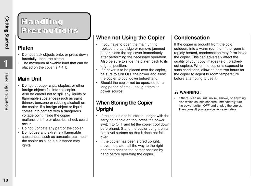 Canon PC 140 manual Handling Precautions 