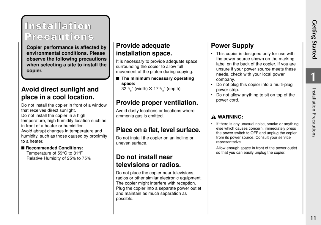 Canon PC 140 manual Installation Precautions 