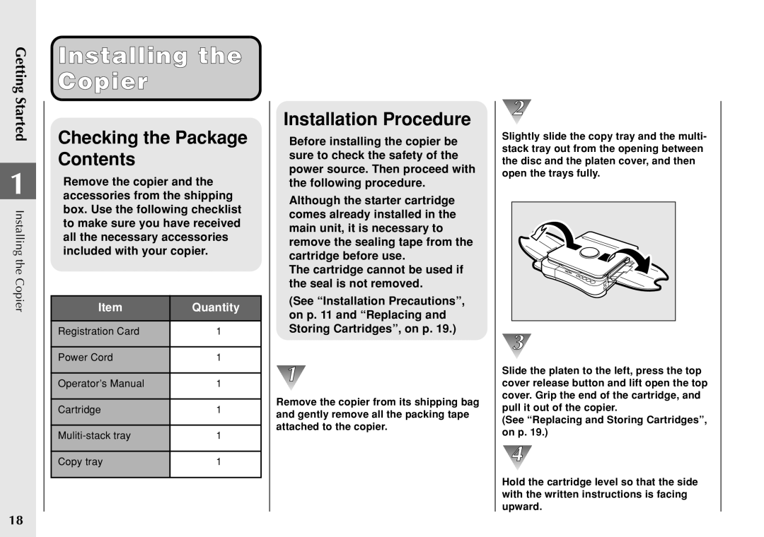 Canon PC 140 manual Installing the Copier, Checking the Package Contents, Installation Procedure 