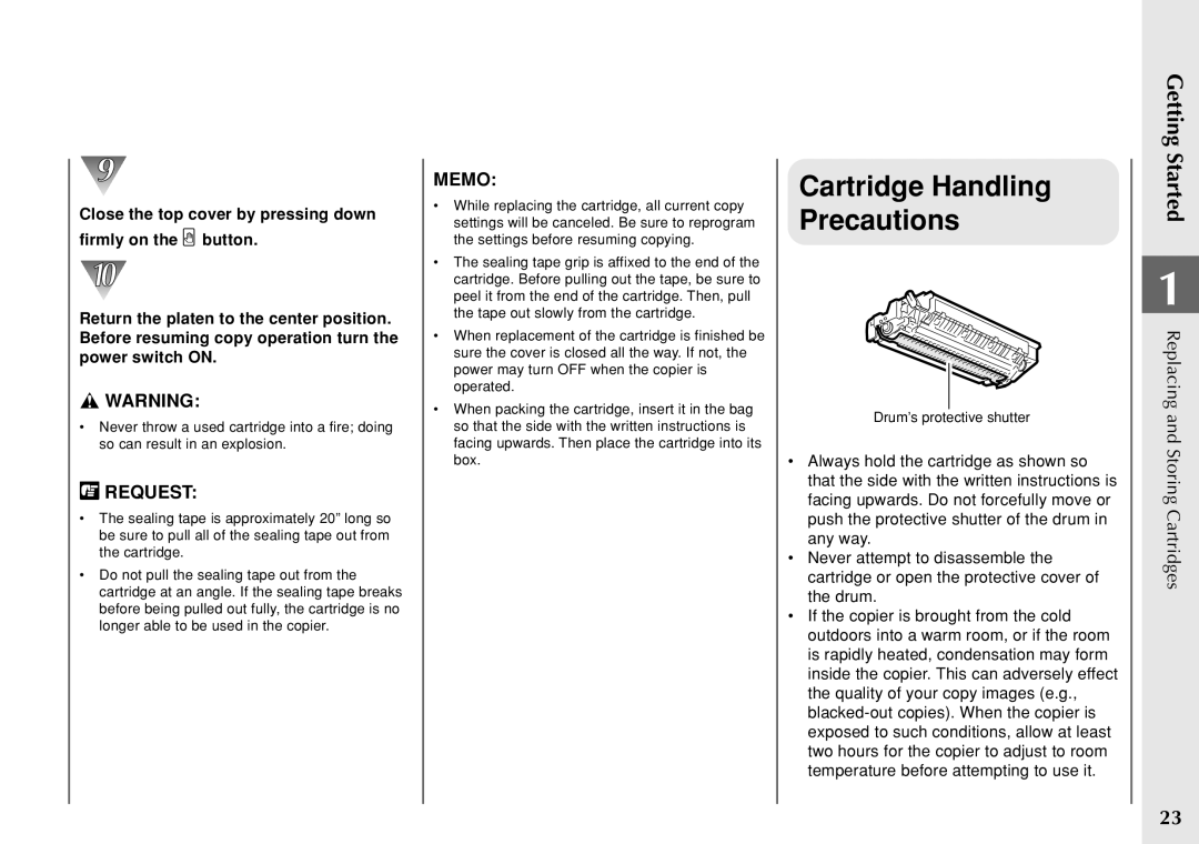 Canon PC 140 manual Cartridge Handling Precautions 