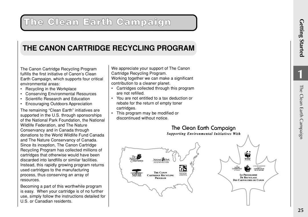 Canon PC 140 manual Clean Earth Campaign, Canon Cartridge Recycling Program 