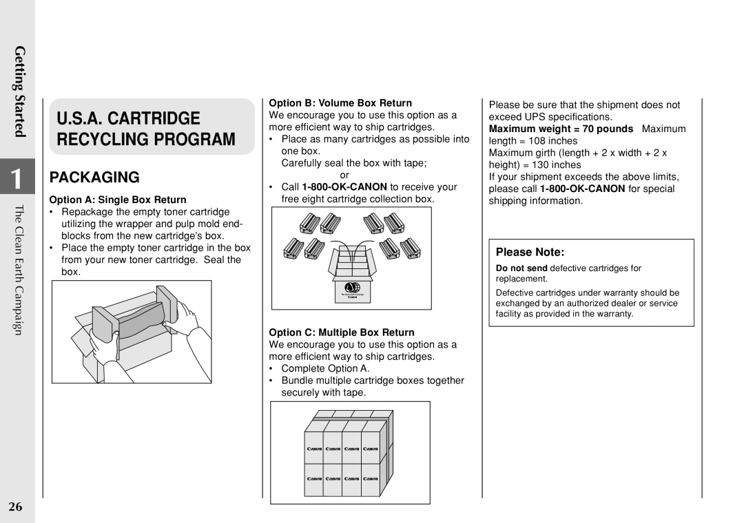 Canon PC 140 manual Option a Single Box Return, Option B Volume Box Return, Option C Multiple Box Return 