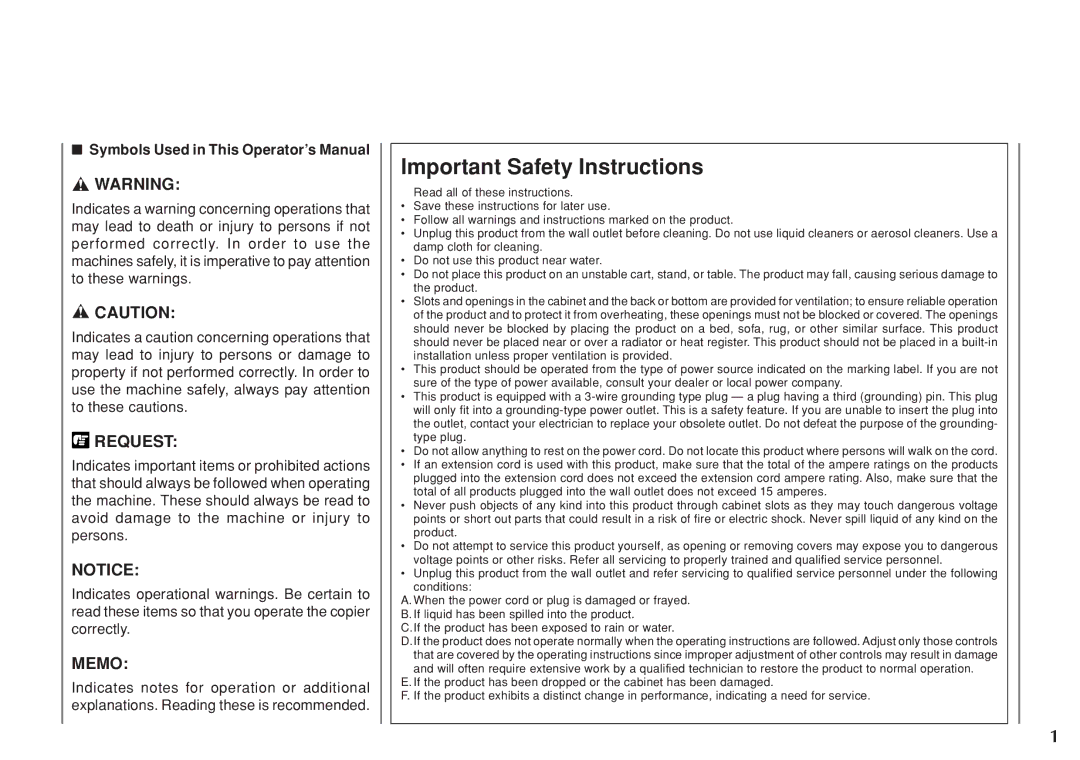 Canon PC 140 manual Important Safety Instructions, Symbols Used in This Operator’s Manual 