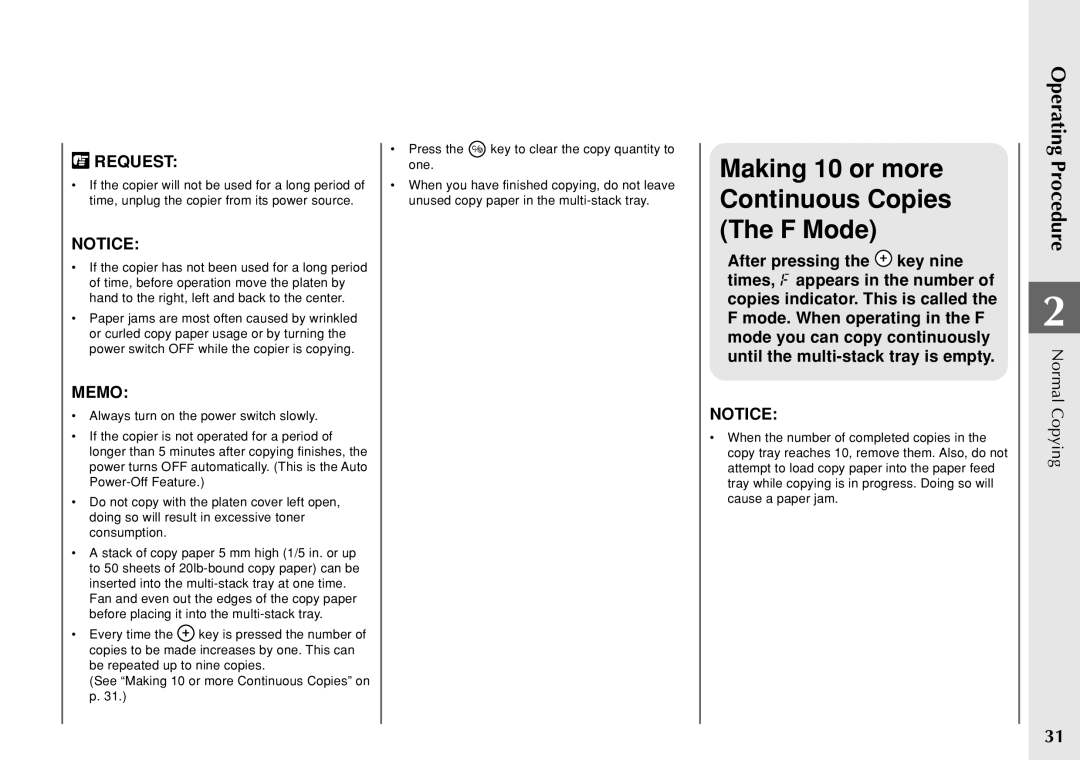 Canon PC 140 manual Making 10 or more Continuous Copies The F Mode 