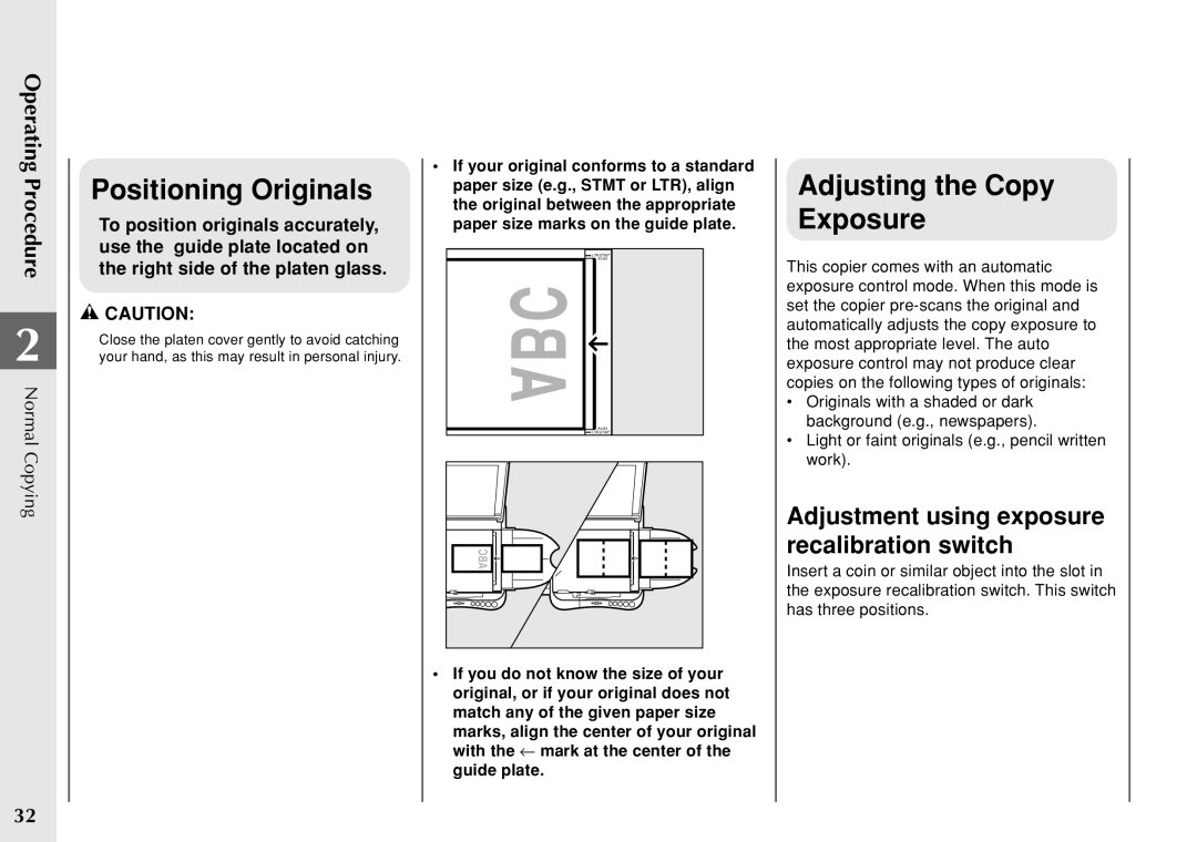 Canon PC 140 manual Positioning Originals, Adjusting the Copy Exposure, Adjustment using exposure recalibration switch 