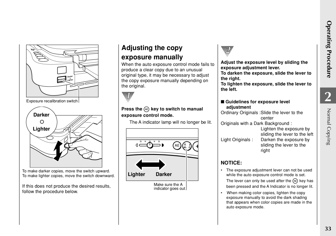 Canon PC 140 Adjusting the copy exposure manually, Press the key to switch to manual exposure control mode 