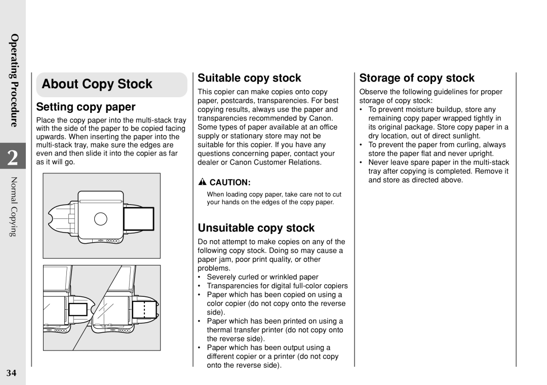 Canon PC 140 manual About Copy Stock, Setting copy paper, Suitable copy stock, Unsuitable copy stock, Storage of copy stock 