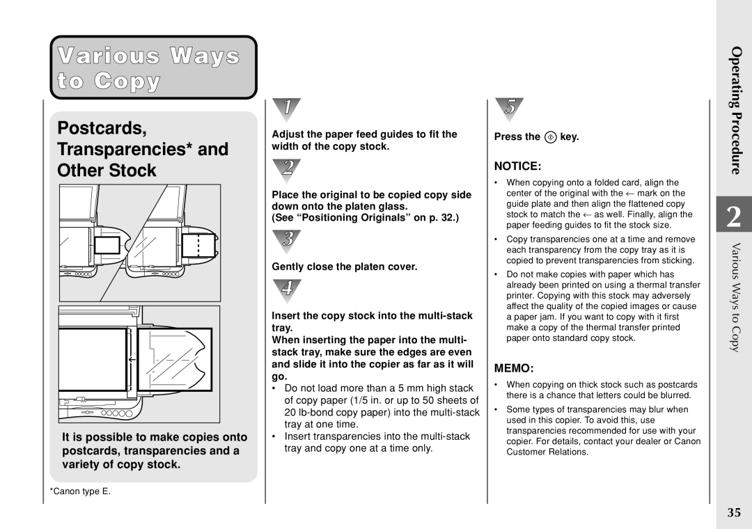 Canon PC 140 manual Various Ways to Copy, Postcards Transparencies* Other Stock 