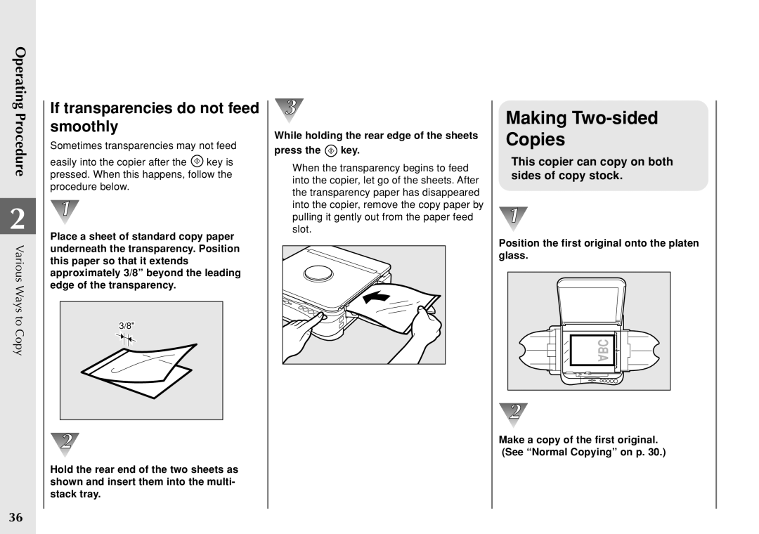 Canon PC 140 manual Making Two-sided Copies, If transparencies do not feed smoothly 