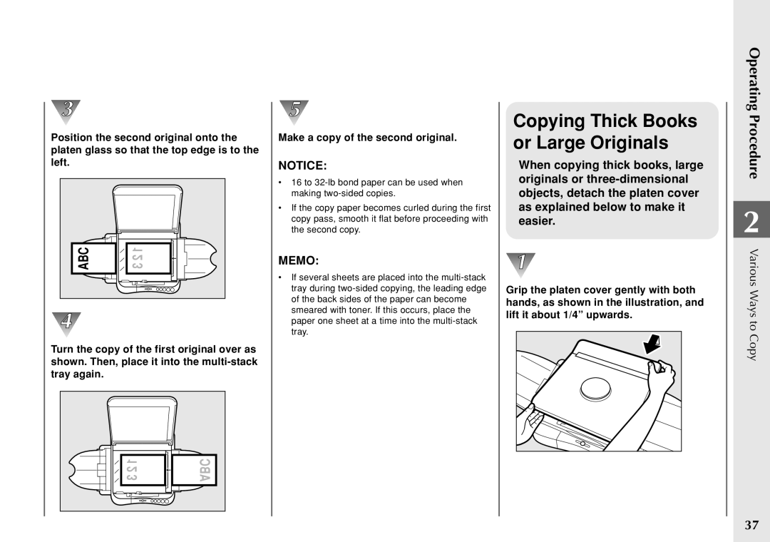 Canon PC 140 manual Copying Thick Books or Large Originals, Make a copy of the second original 