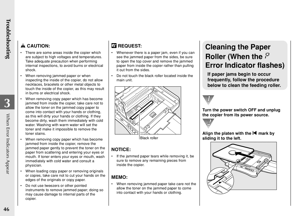 Canon PC 140 manual Cleaning the Paper Roller When the Error Indicator flashes 