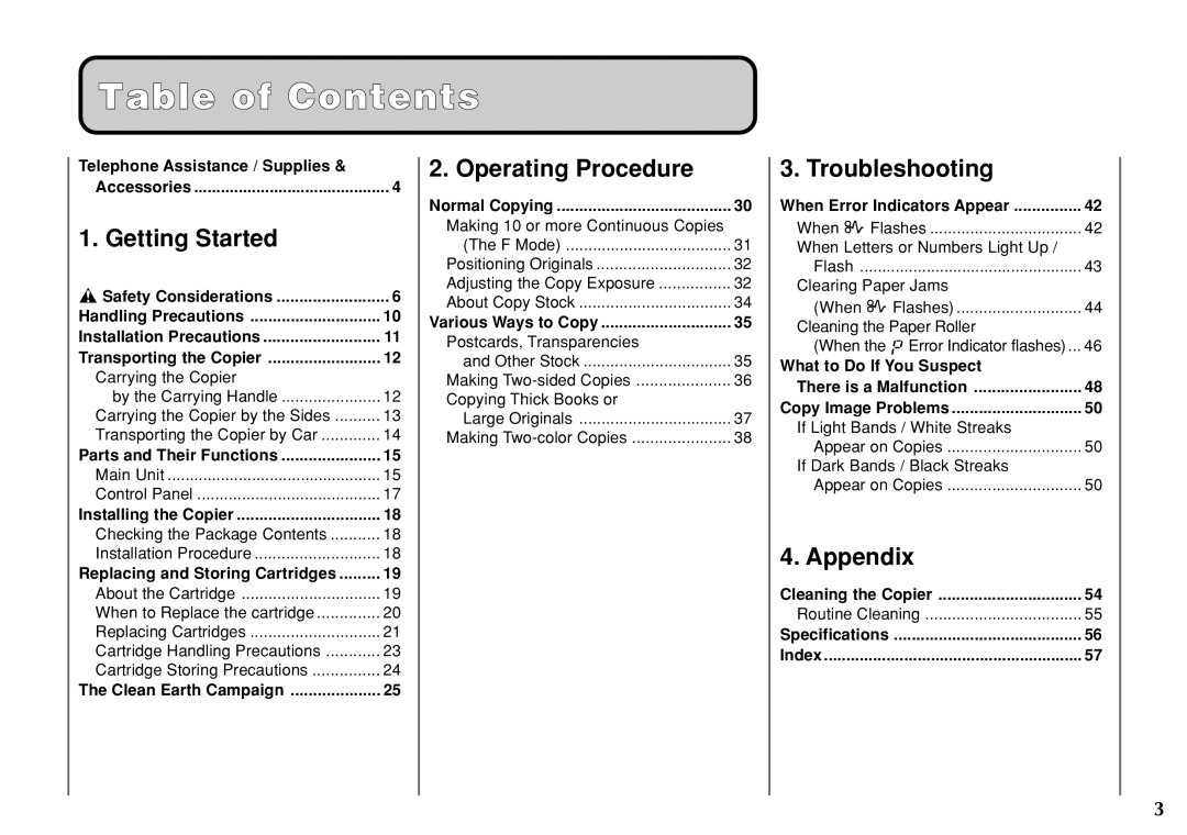 Canon PC 140 manual Table of Contents 