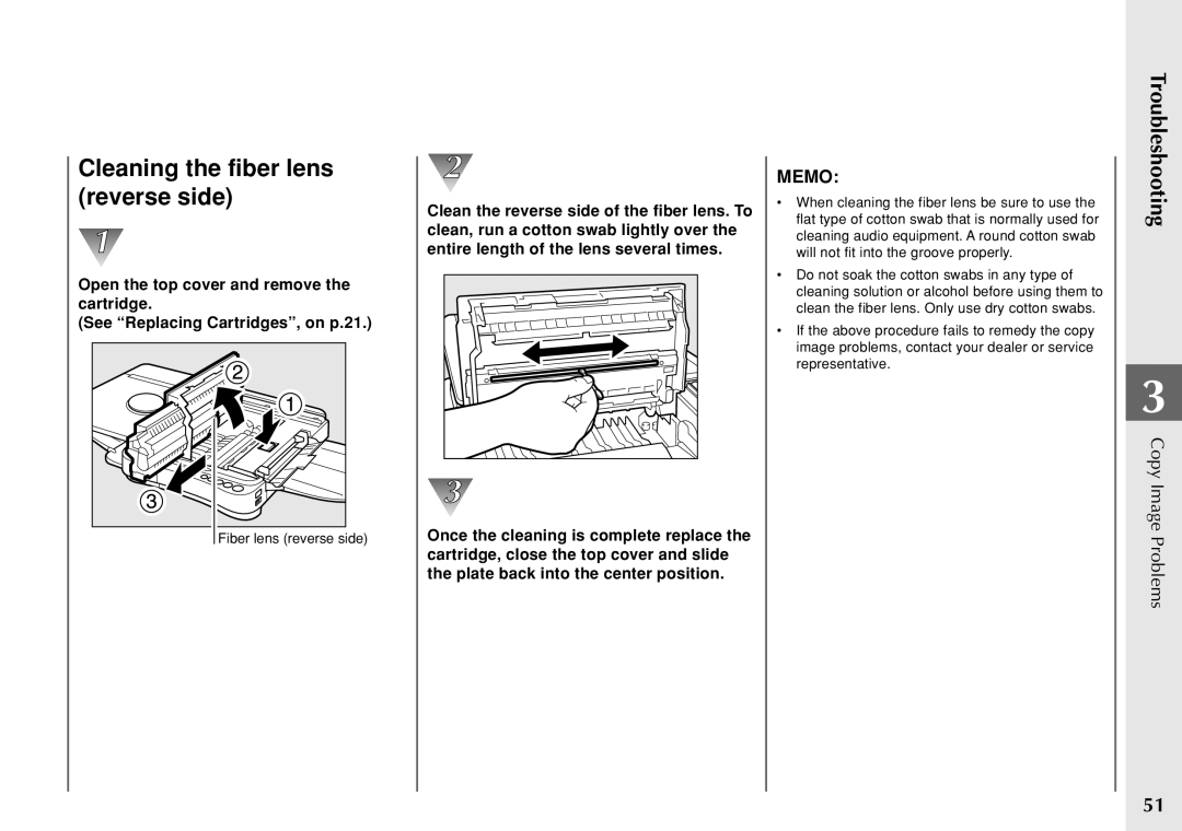 Canon PC 140 manual Cleaning the fiber lens reverse side 