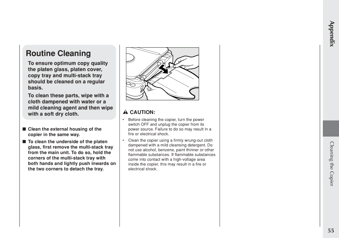 Canon PC 140 manual Routine Cleaning, Clean the external housing of the copier in the same way 