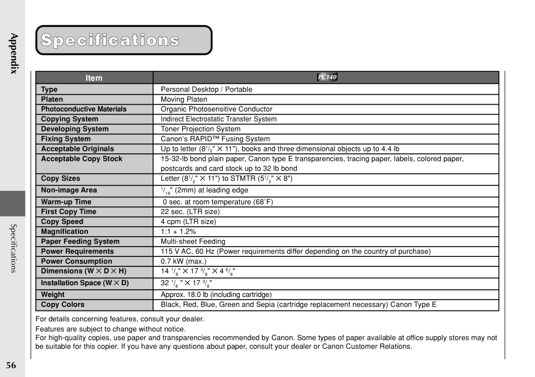 Canon PC 140 manual Specifications 