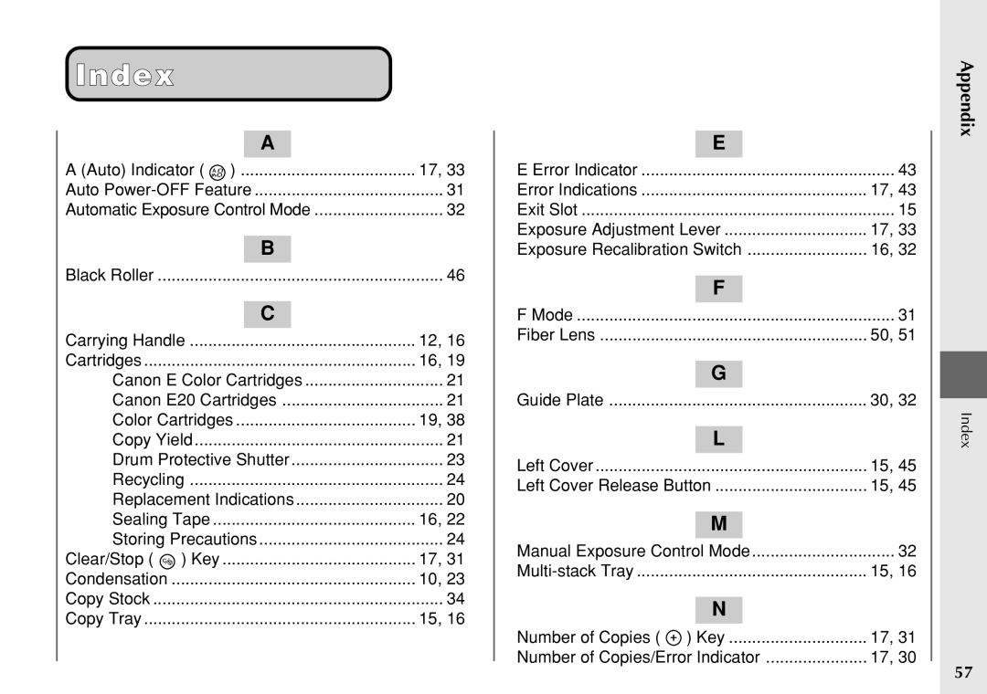 Canon PC 140 manual Index, Auto Indicator 