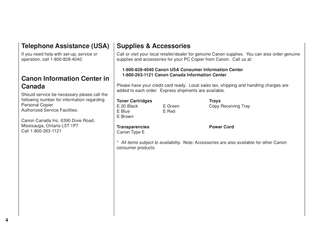 Canon PC 140 Telephone Assistance USA, Canon Information Center in Canada, Supplies & Accessories, Toner Cartridges Trays 