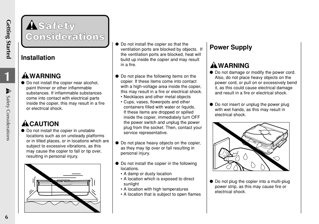 Canon PC 140 manual Safety Considerations, Installation, Power Supply 