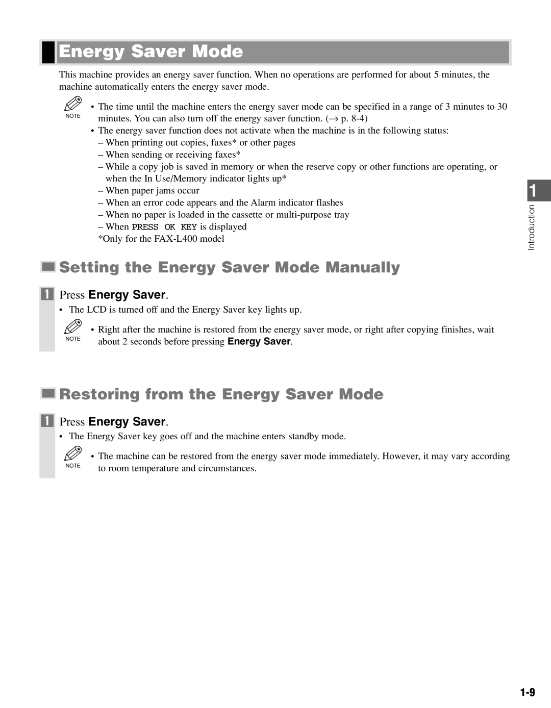 Canon PC-D340, PC-D320 manual Setting the Energy Saver Mode Manually, Restoring from the Energy Saver Mode 