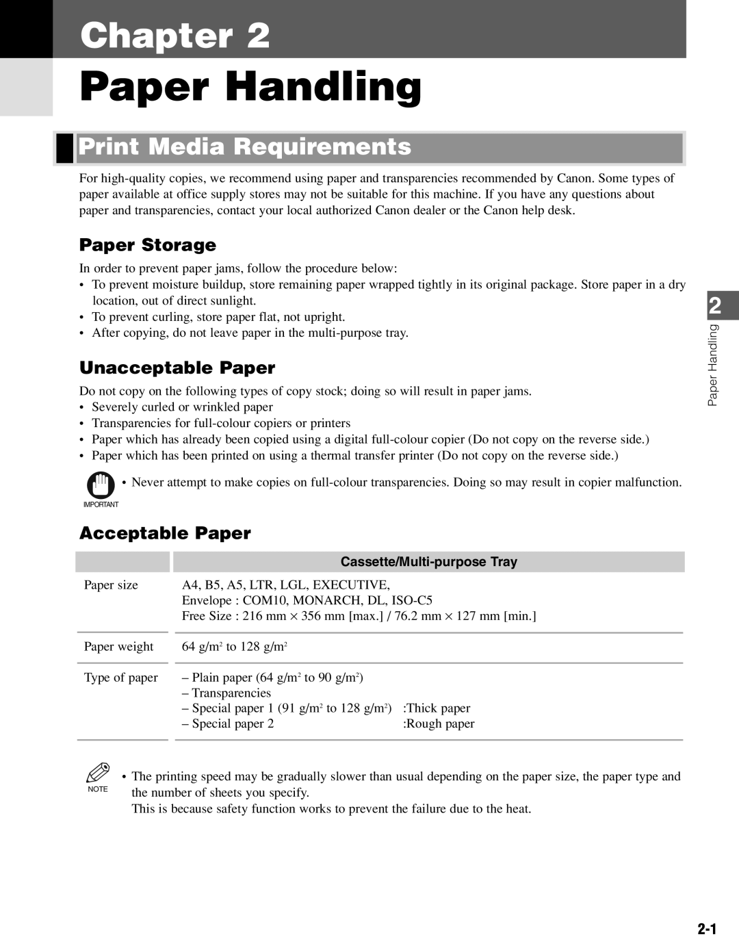 Canon PC-D340, PC-D320 manual Paper Handling, Print Media Requirements, Paper Storage, Unacceptable Paper, Acceptable Paper 