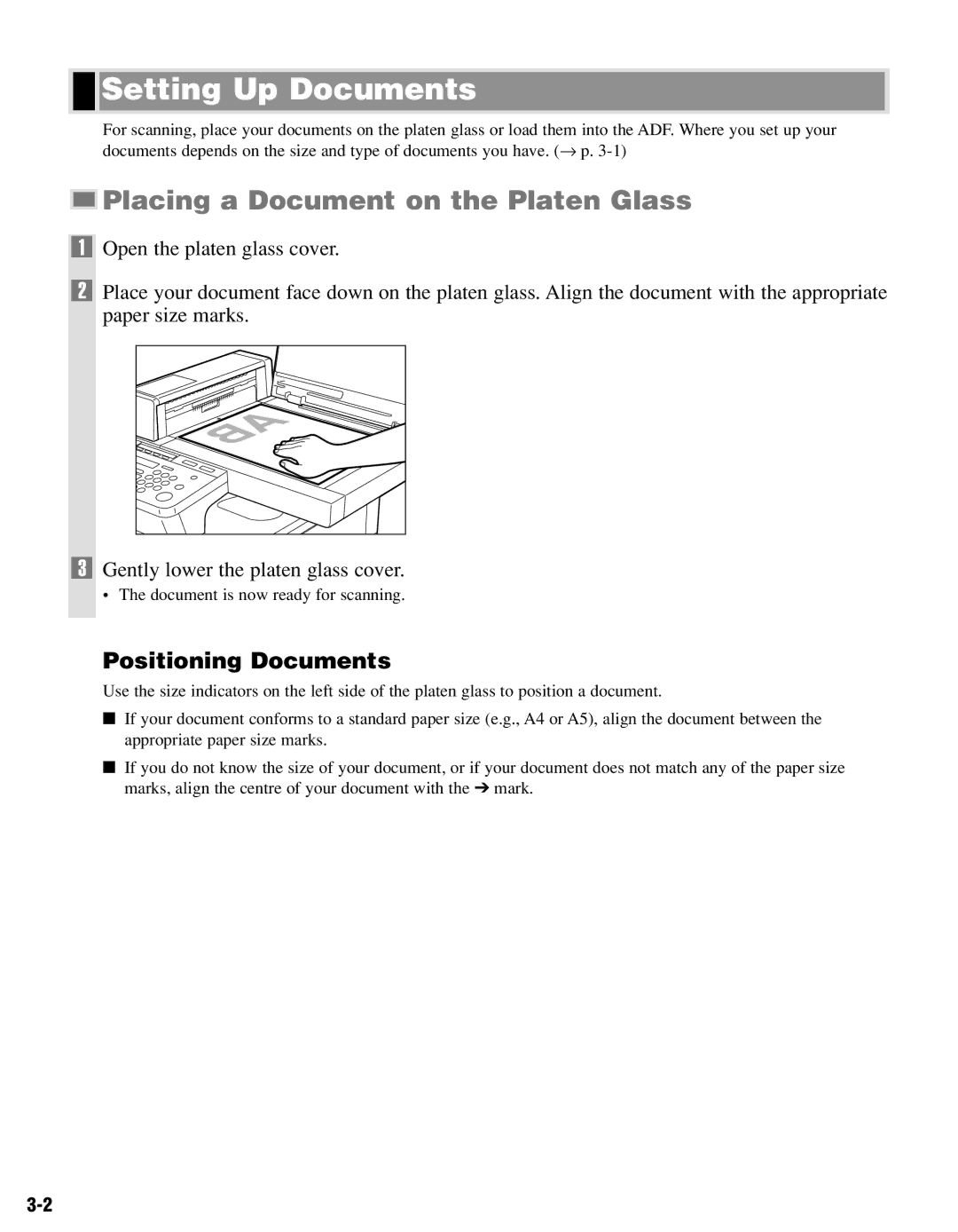 Canon PC-D320, PC-D340 manual Setting Up Documents, Placing a Document on the Platen Glass, Positioning Documents 