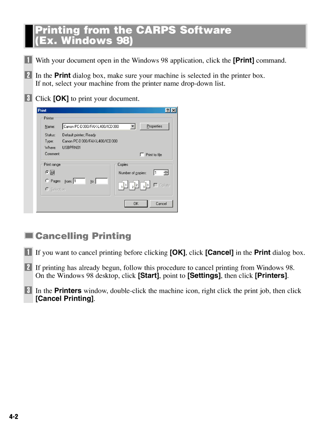 Canon PC-D320, PC-D340 manual Printing from the Carps Software Ex. Windows, Cancelling Printing 