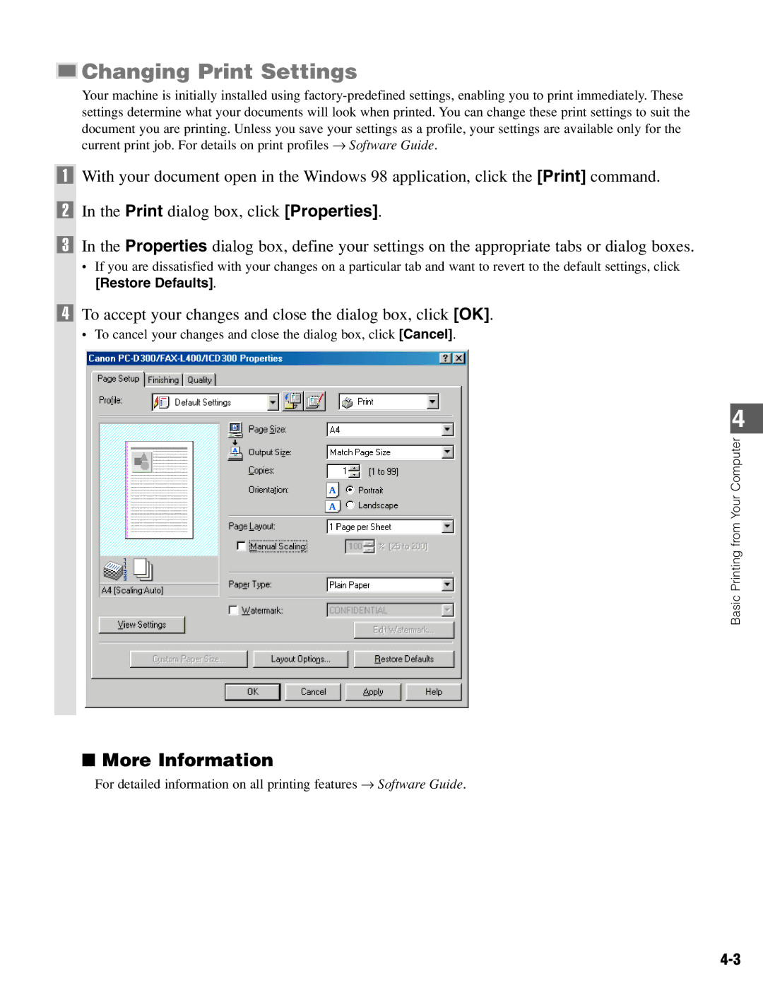 Canon PC-D340 manual Changing Print Settings, More Information, To accept your changes and close the dialog box, click OK 