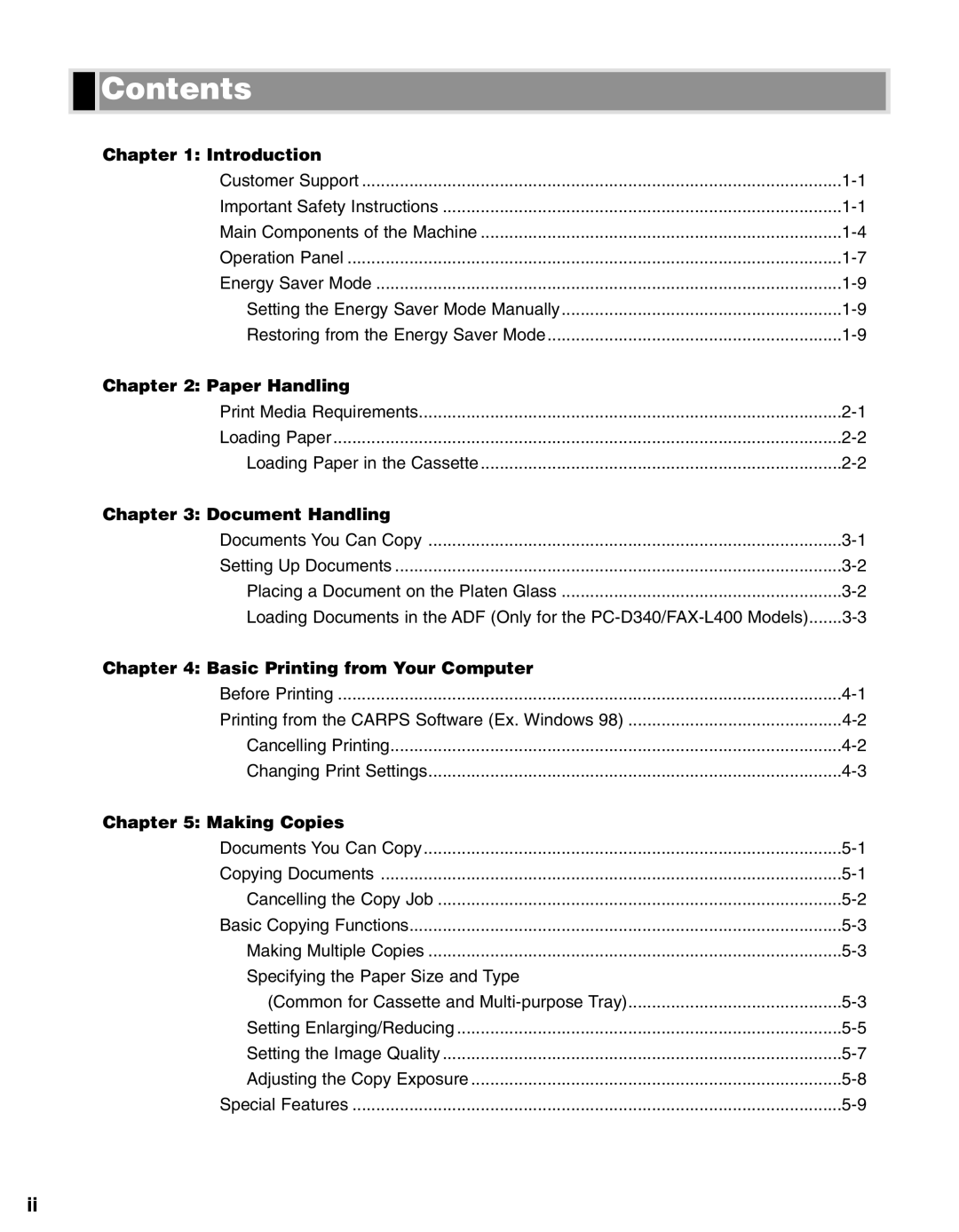 Canon PC-D320, PC-D340 manual Contents 