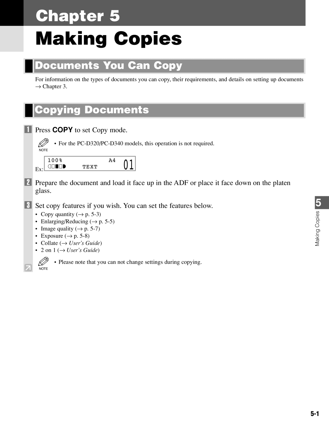 Canon PC-D340, PC-D320 manual Making Copies, Copying Documents, Press Copy to set Copy mode 