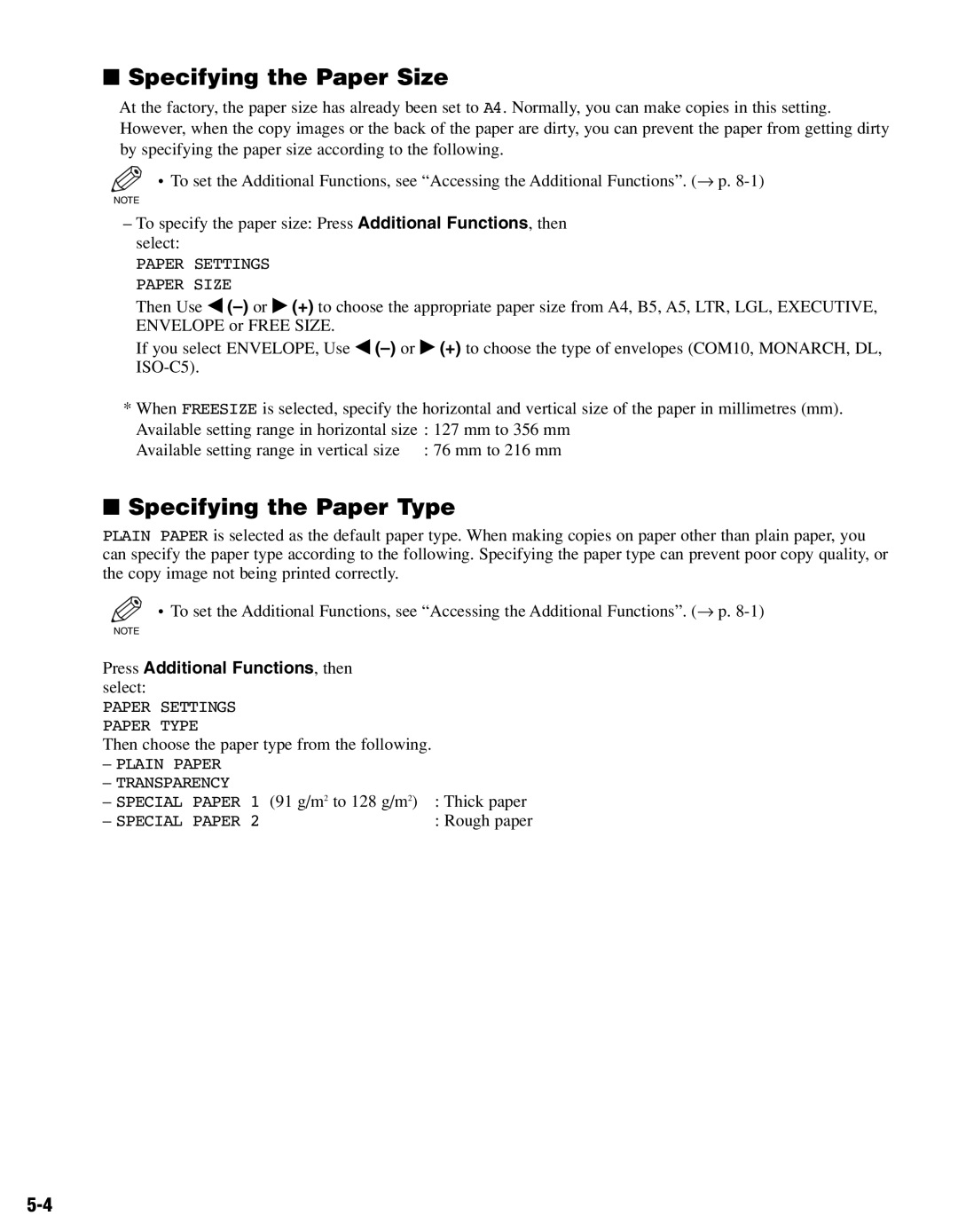 Canon PC-D320, PC-D340 manual Specifying the Paper Size, Specifying the Paper Type, Press Additional Functions, then select 