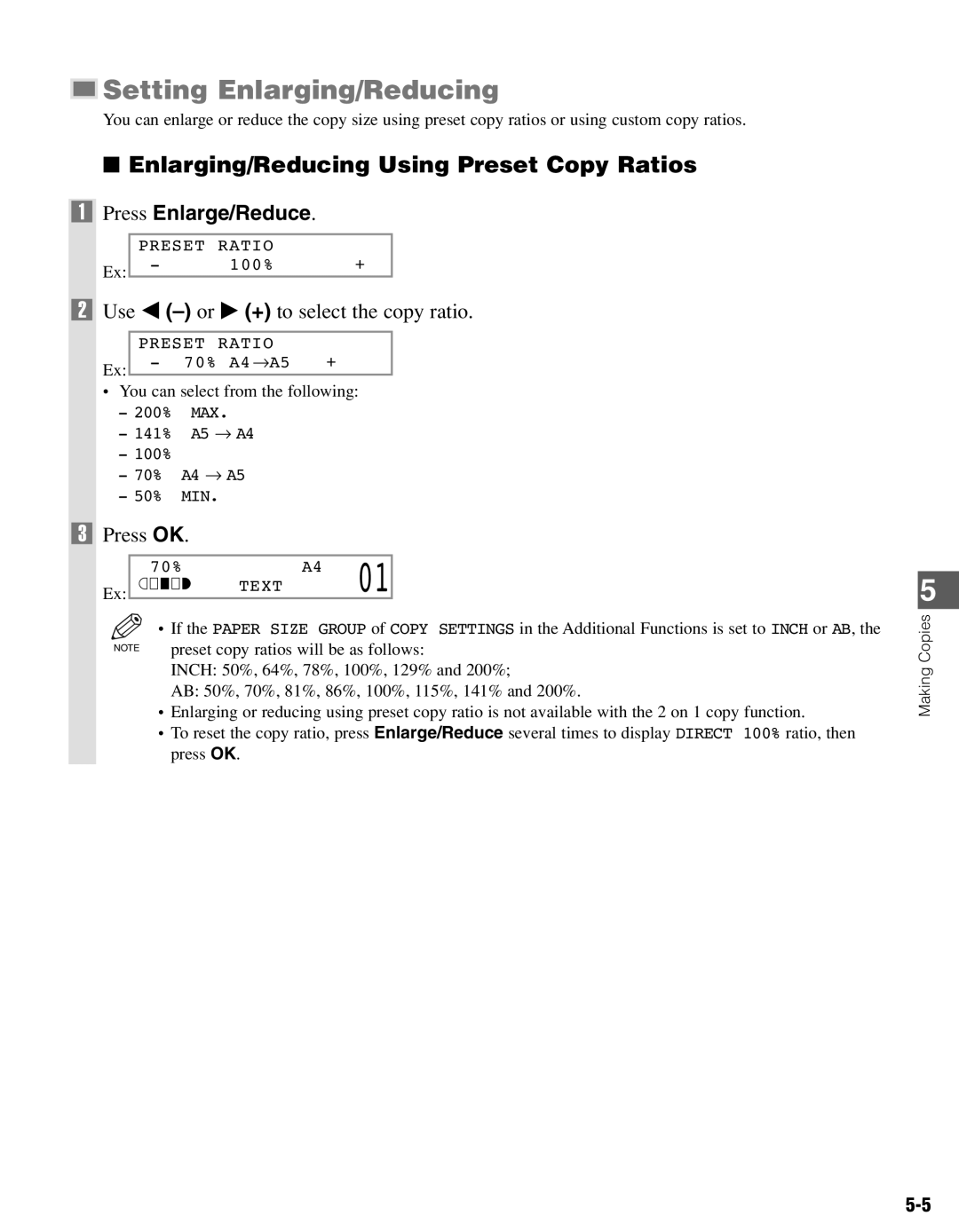 Canon PC-D340, PC-D320 manual Setting Enlarging/Reducing, Enlarging/Reducing Using Preset Copy Ratios 