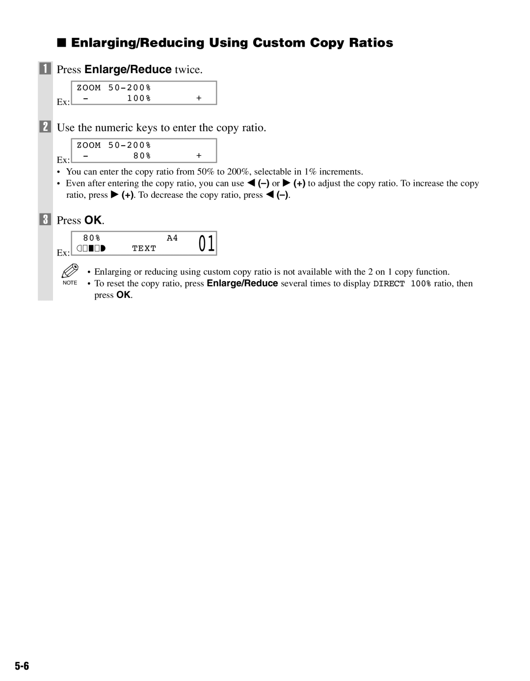 Canon PC-D320, PC-D340 manual Enlarging/Reducing Using Custom Copy Ratios, Use the numeric keys to enter the copy ratio 