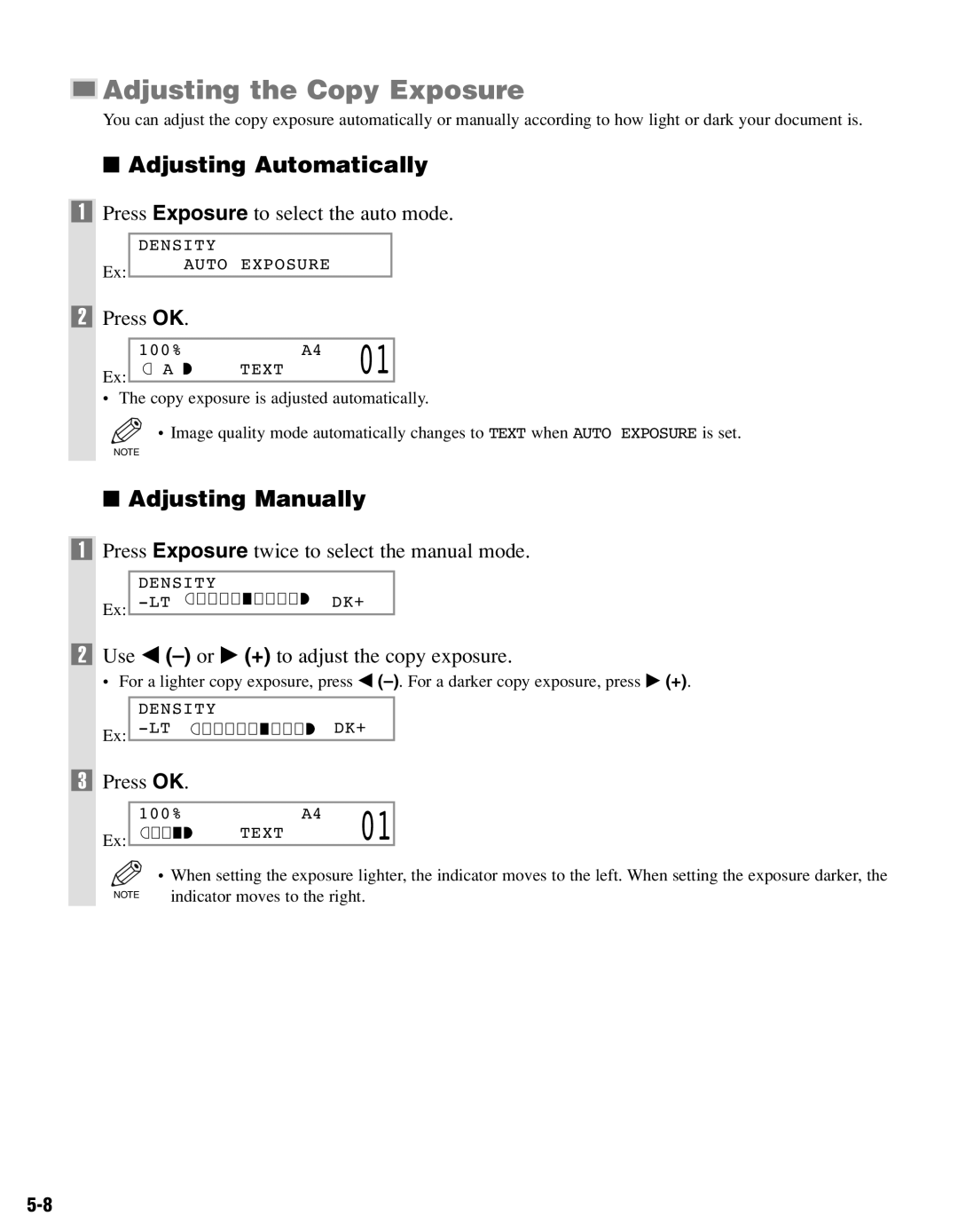 Canon PC-D320, PC-D340 manual Adjusting the Copy Exposure, Adjusting Automatically, Adjusting Manually 