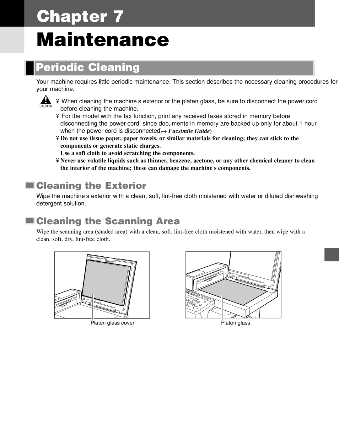 Canon PC-D340, PC-D320 manual Maintenance, Periodic Cleaning, Cleaning the Exterior, Cleaning the Scanning Area 